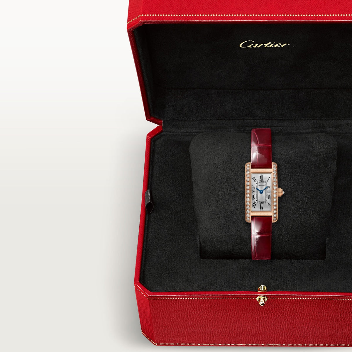 Reloj Cartier Tank Américaine Mini Oro Rosa con Diamantes Correa Roja WJTA0058