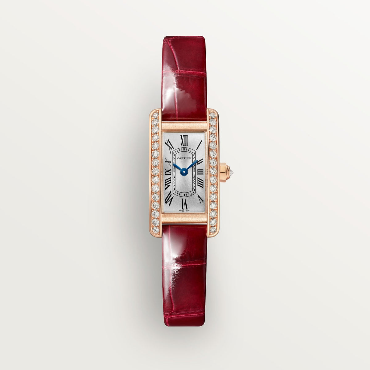 Reloj Cartier Tank Américaine Mini Oro Rosa con Diamantes Correa Roja WJTA0058