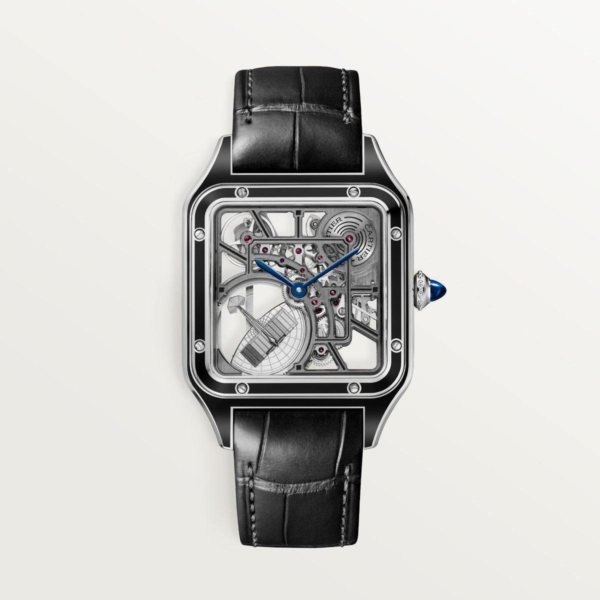 Reloj Cartier Santos-Dumont Esqueleto Microrrotor Grande Acero Laca Negra WHSA0044