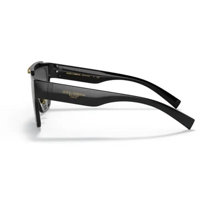 Gafas de sol negras con detalles dorados, lente gris oscuro